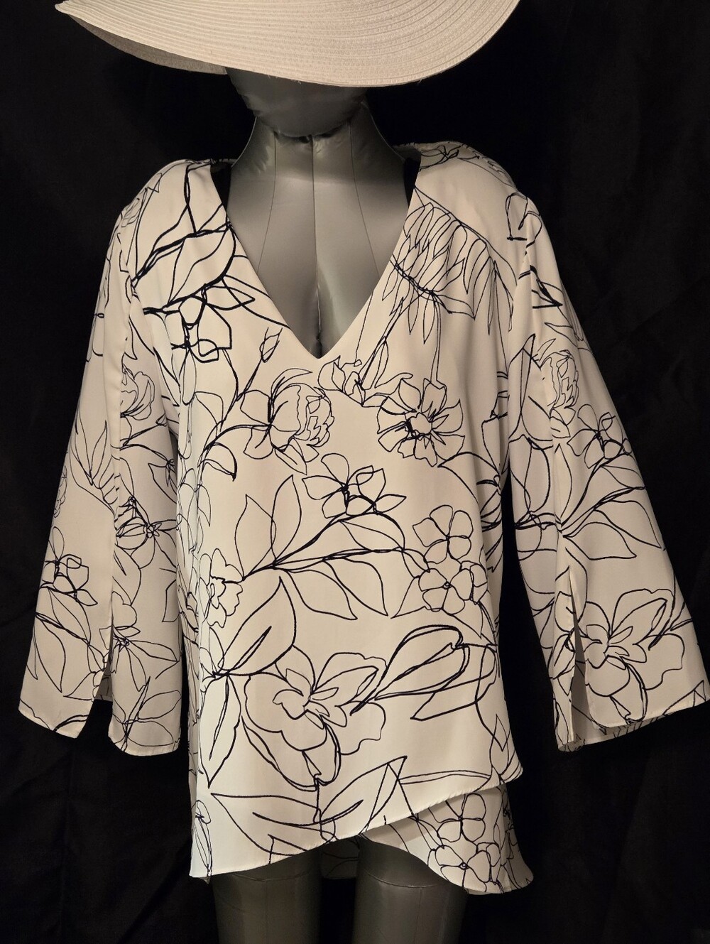 Joseph Ribkoff White Tunic with Black Floral Sketch